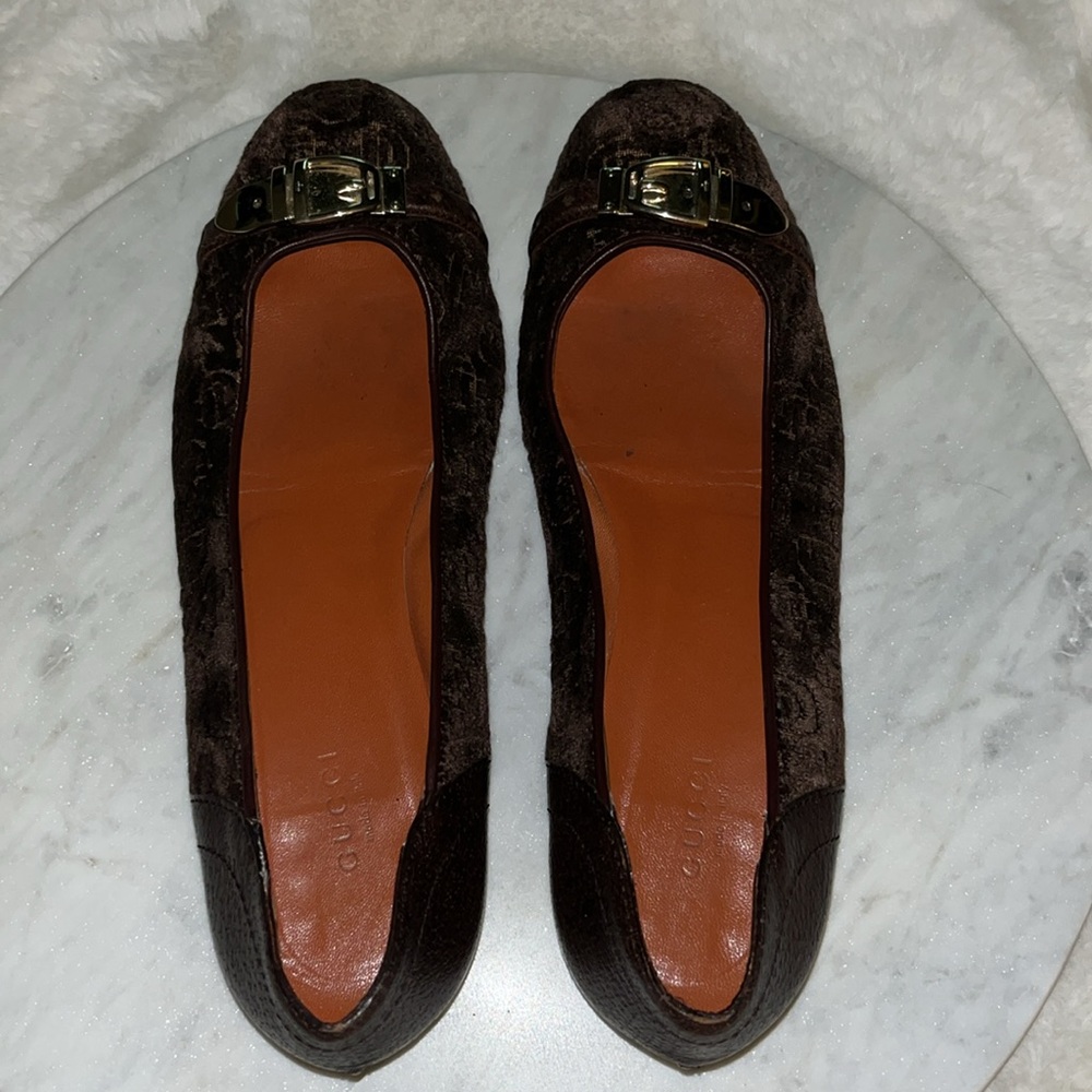 ❤️💚Authentic Gucci leather/Fabric Rich Velvet Gold Horsebit Ballet Flats❤️💚 - Picture 6 of 13